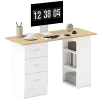 HOMCOM Computer Desk, Writing Table, PC Workstation with 3 Storage Shelves and Drawers, Silver Handle, for Home Office, Natural Wood Finish and White(m-10)