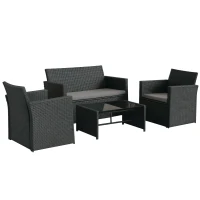 Outsunny 4 Pieces PE Rattan Garden Sofa Set with Cushions, Outdoor Patio Wicker Weave Conservatory Furniture Set with a Loveseat, 2 Armchairs and a Glass Top Coffee Table, Black(m-10)