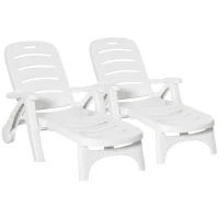 Outsunny 2PCs Outdoor Folding Sun Lounger Recliner on Wheels w/ 5-Position Backrest, White(m-1)