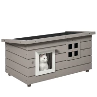 PawHut Wooden Outdoor Cat House, Elevated Cat Shelter Kennel, Pet Play House with Openable Top, Asphalt Roof, Window, Grey(m-10)