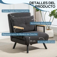 HOMCOM Sofá Cama Individual Plegable Silla Cama Convertible 4 en 1 Respaldo Ajustable de 5 Niveles y Almohada 63x73x81 cm Gris(m-6)