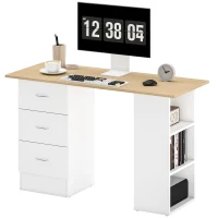 HOMCOM Computer Desk, Writing Table, PC Workstation with 3 Storage Shelves and Drawers, Silver Handle, for Home Office, Natural Wood Finish and White(m-11)