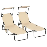 Outsunny 2 Piece Folding Sun Loungers with Canopy, Adjustable Recliner Garden Chairs with Side Pocket, Steel Frame and Breathable Mesh for Outdoor, Pool, Beach, Garden, Tan Brown(m-10)