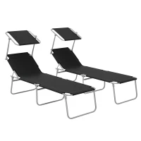 Outsunny Foldable Sun Lounger Set of 2 with Sun Shade & Adjustable Backrest - Black(m-10)