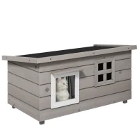 PawHut Wooden Outdoor Cat House, Elevated Cat Shelter Kennel, Pet Play House with Openable Top, Asphalt Roof, Window, Grey(m-1)