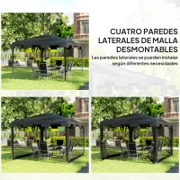 Outsunny Cenador Exterior 4x3 m con 4 Mosquiteras Laterales 2 Puertas con Cremallera y 6 Orificios de Drenaje Gris Oscuro(m-4)