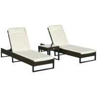 Outsunny Three-Piece Reclining Lounger Set, with Glass-Top Table - Cream(m-10)