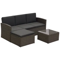 Outsunny 3 Pieces Outdoor PE Rattan Corner Sofa Set with Thick Cushions, Patio Rattan Garden Furniture with Glass Top Coffee Table and Footstool, Grey(m-10)