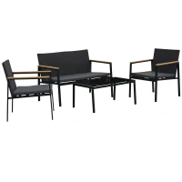 Outsunny 4 Pieces Rattan Garden Furniture Set, 4 Seater Garden Sofa Set with Loveseat, 2 Armchairs and Glass Top Coffee Table, Wicker Outdoor Conservatory Furniture with Cushions for Patio, Black(m-10)