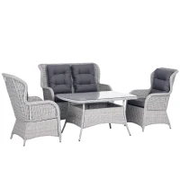 Outsunny Garden PE Rattan Dining Sofa Set, Outdoor 4 Seater Wicker Furniture, High Back Chairs with Cushions, Tempered Glass Coffee Table for Patio, Mixed Grey(m-10)