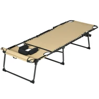 Outsunny Folding Sun Lounge with 5-level Reclining Back, Outdoor Tanning Chair with Reading Hole, Outdoor Sun Lounge with Side Pocket, Headrest, for Beach, Yard, Patio, Beige(m-10)