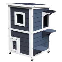 PawHut Katzenhaus aus Holz 2 Etagen Winterfest wasserdicht Katzenhütte mit Asphaltdach Treppen Fenster Katzenhöhle Outdoor Schutzhütte für Draußen Garten Balkon 51 x 51 x 81,3 cm Grau(m-1)