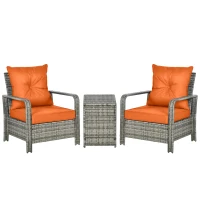 Outsunny 3 Pieces Rattan Bistro Set, Wicker Garden Furniture Set with Storage Coffee Table and Chairs, Thickened Cushions for Outdoor, Patio, Balcony, Orange(m-1)