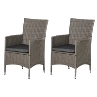 Outsunny 2 Pieces Outdoor PE Rattan Dining Chairs Set with Cushion, Garden Armchair with Armrests, High Backrest, Metal Frame Patio Wicker Furniture, Grey(m-1)