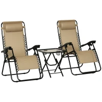 Outsunny Folding Zero Gravity Chairs, 3 Pieces Adjustable Sun Lounger and Table Set with Cup Holder and Headrest, Patio Bistro Set with Reclining Garden Chairs for Outdoor, Beige(m-13)
