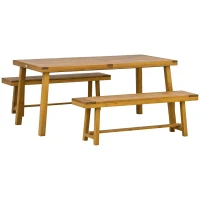 Outsunny 3 Pieces Picnic Bench Set with Table and 2 Benches, Acacia wood Dining Trestle Beer Table and Seat,  Natural Wood Finish(m-10)