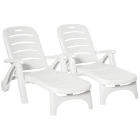 Outsunny 2PCs Outdoor Folding Sun Lounger Recliner on Wheels w/ 5-Position Backrest, White(m-10)