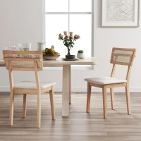 HOMCOM Sedia da pranzo, Schienale in rattan, Seduta in ecopelle, Legno di gomma, Legno naturale(m-4)