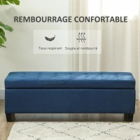 HOMCOM Banc de rangement 94,5L banquette bout de lit en tissu aspect lin et pieds en bois, 125 x 49 x 41,5 cm, bleu(m-6)