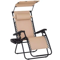 Outsunny Chaise Longue Pliable de Jardin Bain de Soleil zéro gravité Pare-Soleil et Dossier réglable Plateau Porte gobelet Accessoires Metal textilène Beige(m-1)
