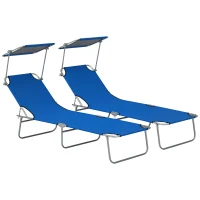 Outsunny Outdoor Foldable Sun Lounger Set of 2, 4 Level Adjustable Backrest Reclining Sun Lounger Chair with Angle Adjust Sun Shade Awning for Beach, Garden, Patio, Blue(m-10)
