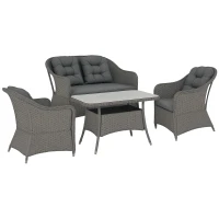 Outsunny Four-Piece Rattan Set, with Glass-Top Table - Light Grey(m-10)