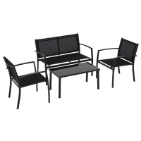 Outsunny Conjunto de Móveis de Jardim Conjunto de 4 Peças com 2 Poltronas 1 Sofá de 2 Lugares e Mesa de Centro com Tampo de Vidro Preto(m-10)