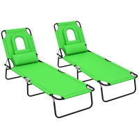 Outsunny Outdoor Folding Sun Lounger Set of 2 with Face Hole, 4 Level Adjustable Backrest Reclining Garden Lounger, Garden Recliner Sunbed with 600 D Oxford Cloth Seat and Pillow for Beach, Green(m-10)