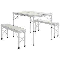 Outsunny Masă Pliabilă de Picnic cu 2 Bănci, Masă de Camping din 3 Piese cu Masă și Scaune din MDF și Aluminiu, 90x62x70 cm, Argintiu(m-1)