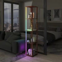 HOMCOM RGB LED Floor Lamp with Shelves, Modern Dimmable Standing Lamp with Remote Control, Adjustable Brightness & Speed for Living Room, Bedroom, Office, Rustic Brown(m-9)