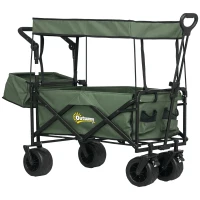 Outsunny Folding Trolley Cart Storage Wagon Beach Trailer 4 Wheels with Handle Overhead Canopy Cart Push Pull for Camping, Green(m-10)