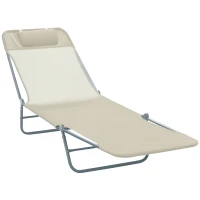Outsunny Outdoor Foldable Sun Lounger, Adjustable Backrest Garden Recliner Sun Lounger Chair with Headrest Pillow, Beige(m-10)