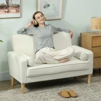 HOMCOM Sofá de 2 Plazas Tapizado en Terciopelo 130 cm con Asiento Capitoné y Patas de Madera para Espacios Pequeños Crema(m-7)