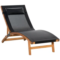 Outsunny Ergonomic Patio Lounge Chair Wooden Outdoor Chaise w/ 3 Adjustable Back and Removable Headrest Pillow for Garden Black(m-1)