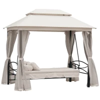 Outsunny Dondolo 3 Posti e Lettino Singolo Copertura a Gazebo con Zanzariera e Cuscini 256x172x248cm Crema(m-1)