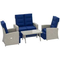 Outsunny 4 Piece Rattan Garden Furniture Set Outdoor Sofa Sectional Set with Glass Top Table for Poolside, Navy Blue(m-10)
