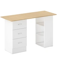 HOMCOM Computer Desk, Writing Table, PC Workstation with 3 Storage Shelves and Drawers, Silver Handle, for Home Office, Natural Wood Finish and White(m-1)