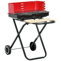 Outsunny Charcoal Trolley BBQ Barbecue Grill Patio Camping Picnic Garden Party Outdoor Cooking with Windshield and Wheels Side Trays, Black/Red(m-1)