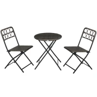 Outsunny 3 Pieces Rattan Bistro Set, Wicker Folding Garden Furniture Set with Coffee Table and Chairs for Outdoor, Patio, Balcony, Grey(m-1)