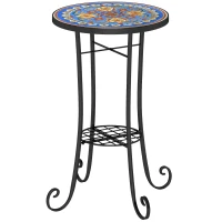 Outsunny Mosaic Garden Table, 35.5 cm Round Outdoor Table with Shelf, Ceramic Tile Top, Small Garden Side Table Bistro Table End Table Plant Stand for Indoor, Patio, Balcony, Blue(m-1)