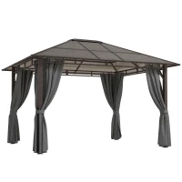 Outsunny 3 x 3.6m Hardtop Gazebo Canopy with Polycarbonate Roof Garden Pavilion with Removable Curtains and Steel Frame, Dark Grey(m-1)