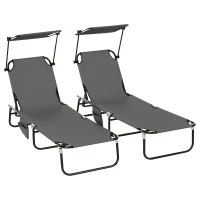 Outsunny Set of Two Folding Sun Loungers, with Adjustable Backs and Sun Canopies - Grey(m-10)