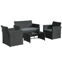 Outsunny 4 Pieces PE Rattan Garden Sofa Set with Cushions, Outdoor Patio Wicker Weave Conservatory Furniture Set with a Loveseat, 2 Armchairs and a Glass Top Coffee Table, Black(m-1)