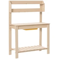 Outsunny Banco da Lavoro per Giardinaggio in Legno Naturale con Vaschetta Integrata, Mensole e Ganci 100x40x140cm(m-1)