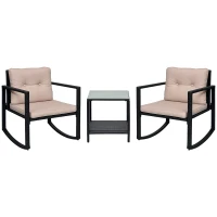 Outsunny 3 Pieces Rattan Garden Rocking Chair Set, Outdoor Rocking Bistro Set w/ 2 Cushioned Armchair and Glass Top Two-tier Coffee Table, Black(m-10)