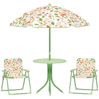 AIYAPLAY 4-Piece Kids Garden Table and Chair Set with Adjustable Parasol, Folding Chairs, Table, Nature Pattern, Green(m-1)