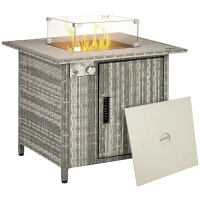 Outsunny Outdoor PE Rattan Gas Fire Pit Table, Patio Square Propane Heater with Rain Cover, Glass Windscreen, and Lava Stone, 50,000 BTU, Grey(m-10)