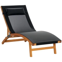 Outsunny Ergonomic Patio Lounge Chair Wooden Outdoor Chaise w/ 3 Adjustable Back and Removable Headrest Pillow for Garden Black(m-10)