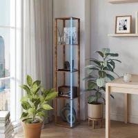 HOMCOM RGB LED Floor Lamp with Shelves, Modern Dimmable Standing Lamp with Remote Control, Adjustable Brightness & Speed for Living Room, Bedroom, Office, Rustic Brown(m-8)