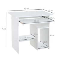 HOMCOM Escritorio para computadora escritorio con almacenamiento bandeja para teclado y soporte de monitor 80x45x75 cm Blanco(m-3)